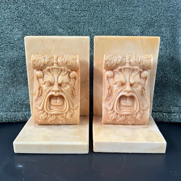 Greek Screaming Man Stone Bookends MCM Vintage - Picture 1 of 16